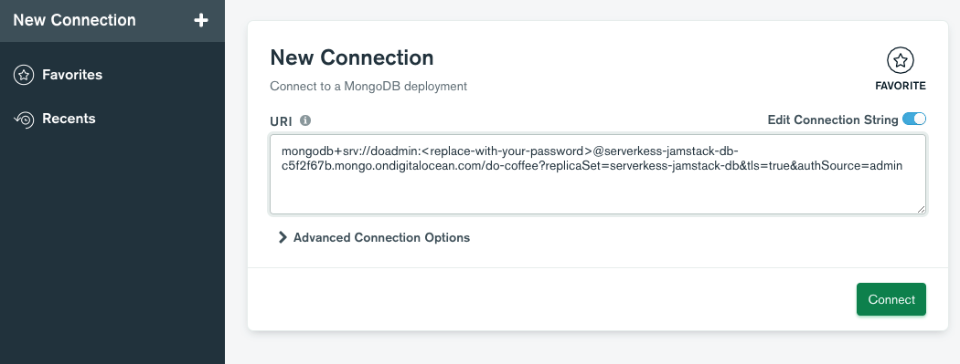 MongoDB Compass new connection screen with connection string pasted into field
