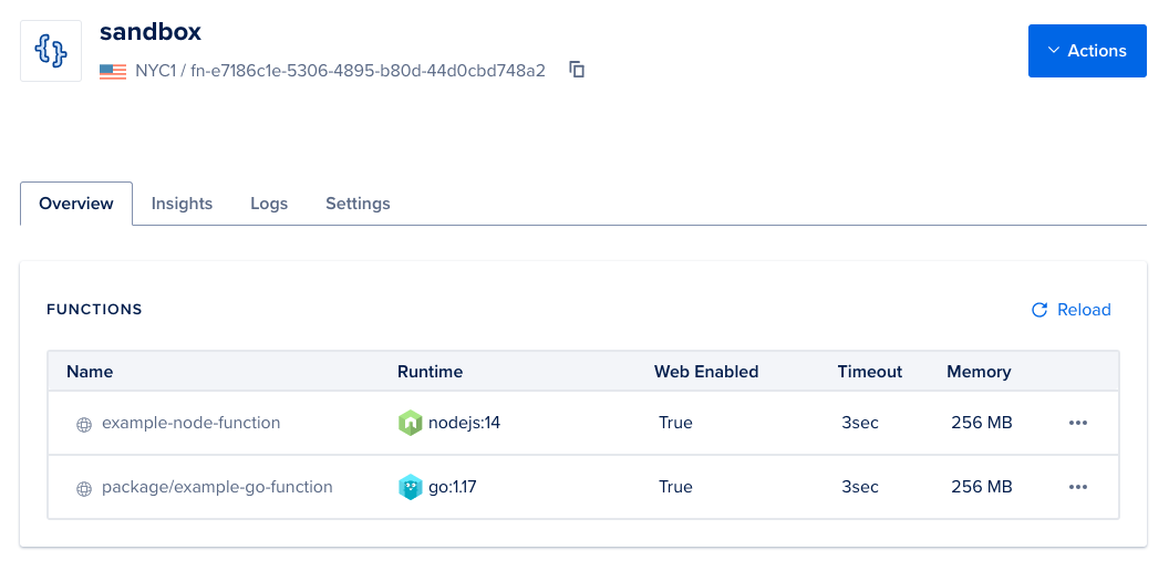 Functions page for a namespace showing deployed functions with their runtimes, web-enabled status, timeout values, and memory limits.