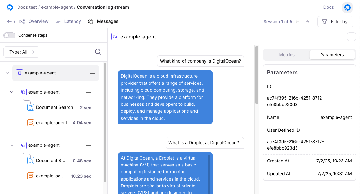 Overview of the agent's full conversation with user inputs and outputs.