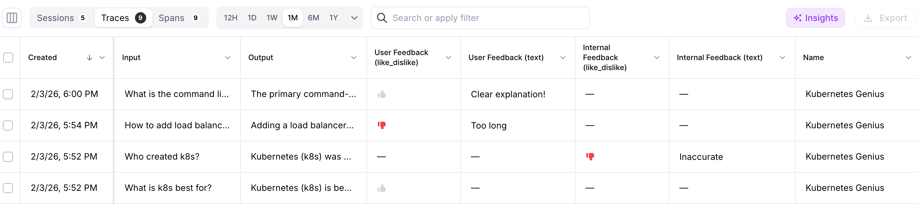 Log stream traces screen showing a message tree for an agent traces, with agent response and feedback ratings on the right.