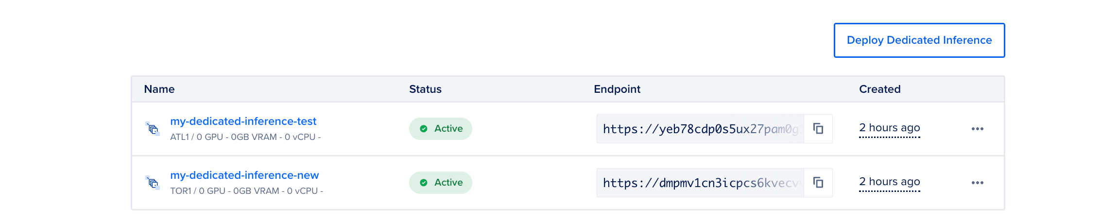 The dedicated inference page showing the deployments along with their status and creation time.