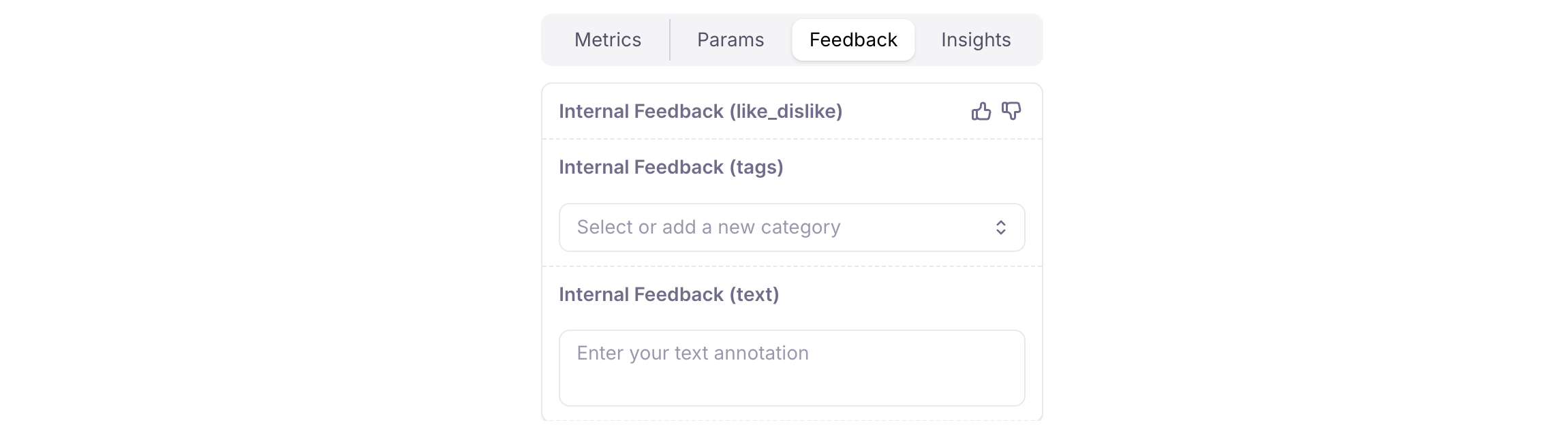 Screen showing fields to modify or add internal agent feedback such as thumb rating and feedback text.