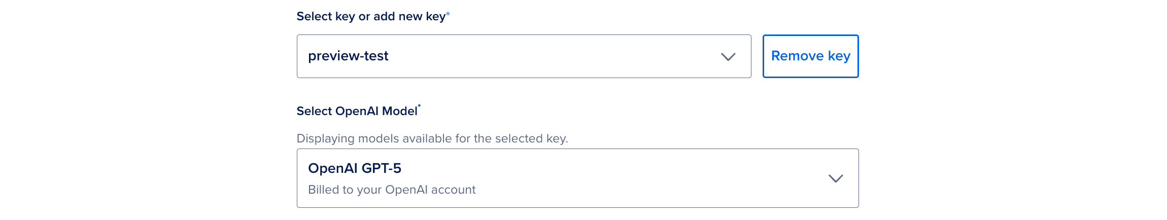 Select or add a new key section showing a selected API key, and a select model sub-section with a model selected.