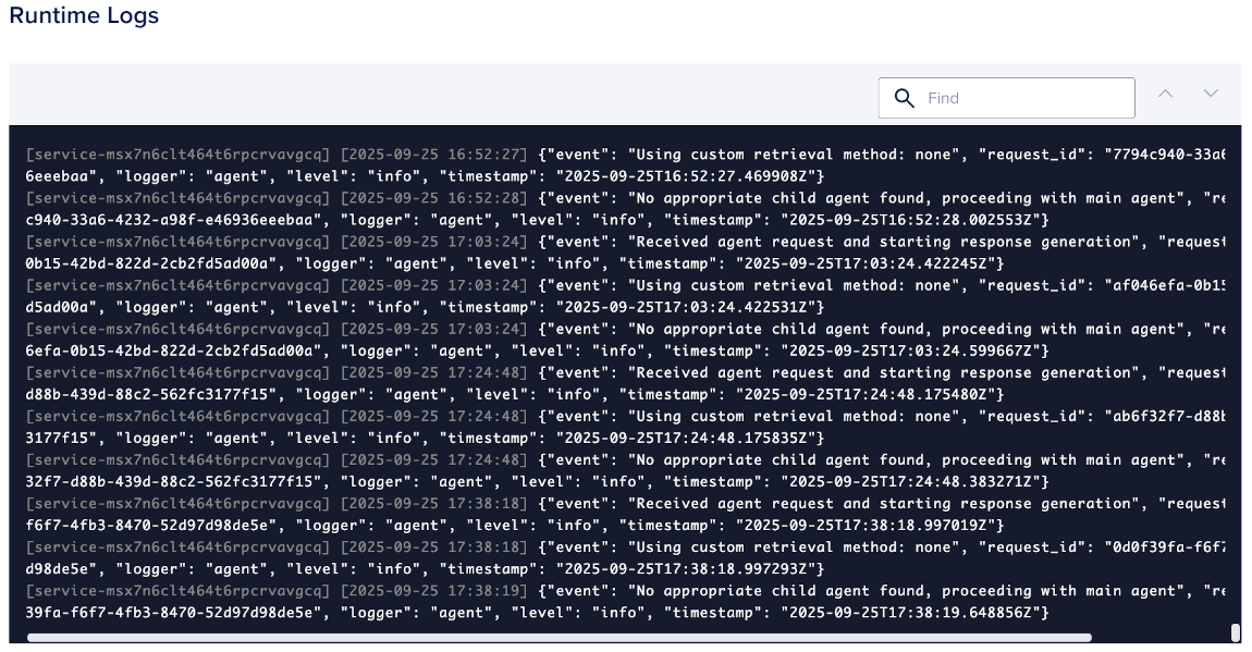 The Observability tab open in the control panel displaying several runtime log events for an example agent.