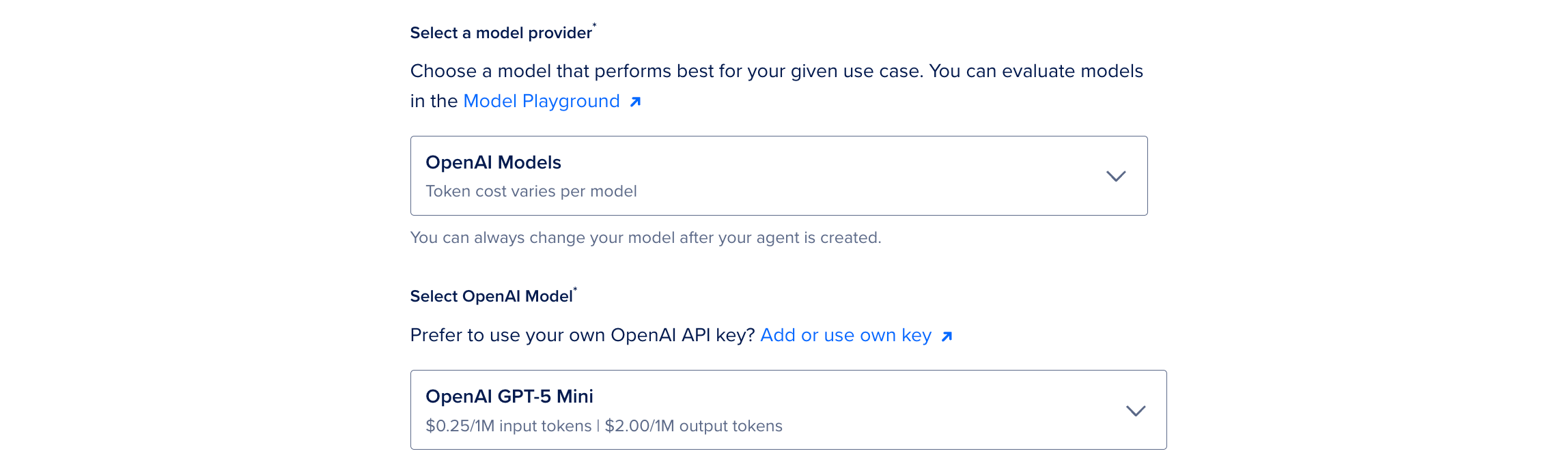 Select model section showing a select a model provider sub-section, a drop-down menu for selecting a model from the provider with token pricing information and a link to add or use an API key.