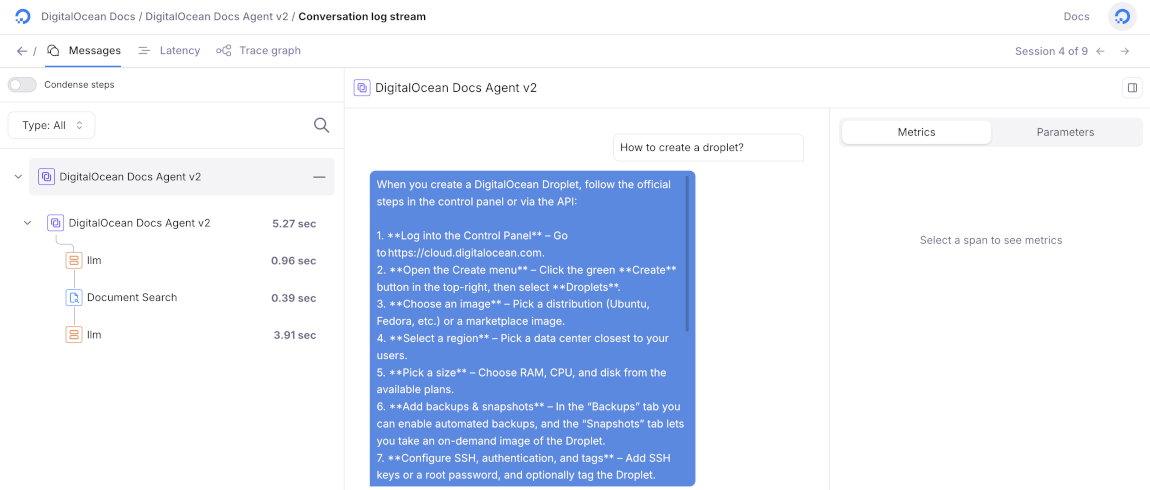 Conversation log messages screen showing a message tree for an agent session, with a highlighted agent response and a metrics panel on the right.