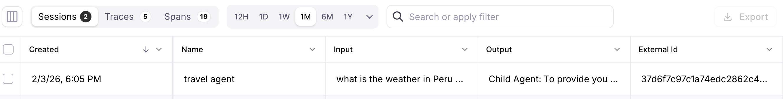 Traces overview page showing a trace flow, with the right panel displaying Document Search details including raw text input and retrieved chunks.