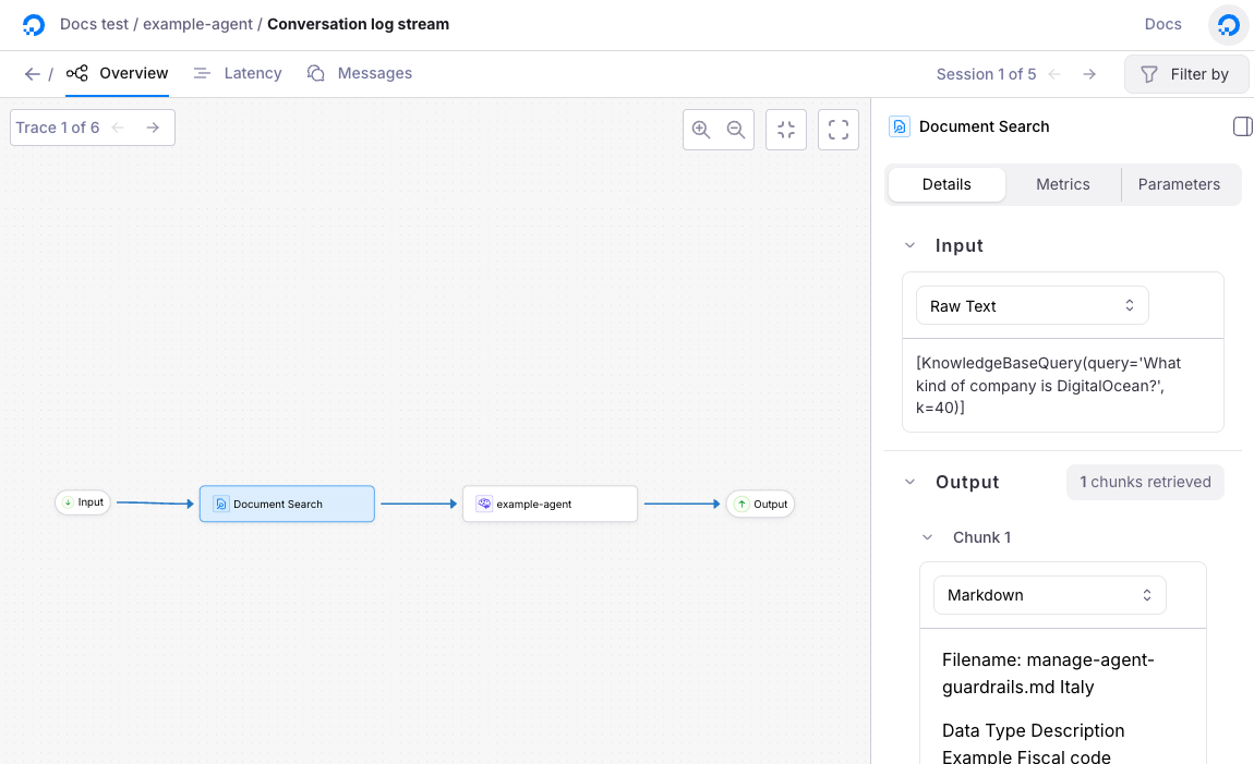 Traces overview page showing a trace flow, with the right panel displaying Document Search details including raw text input and retrieved chunks.