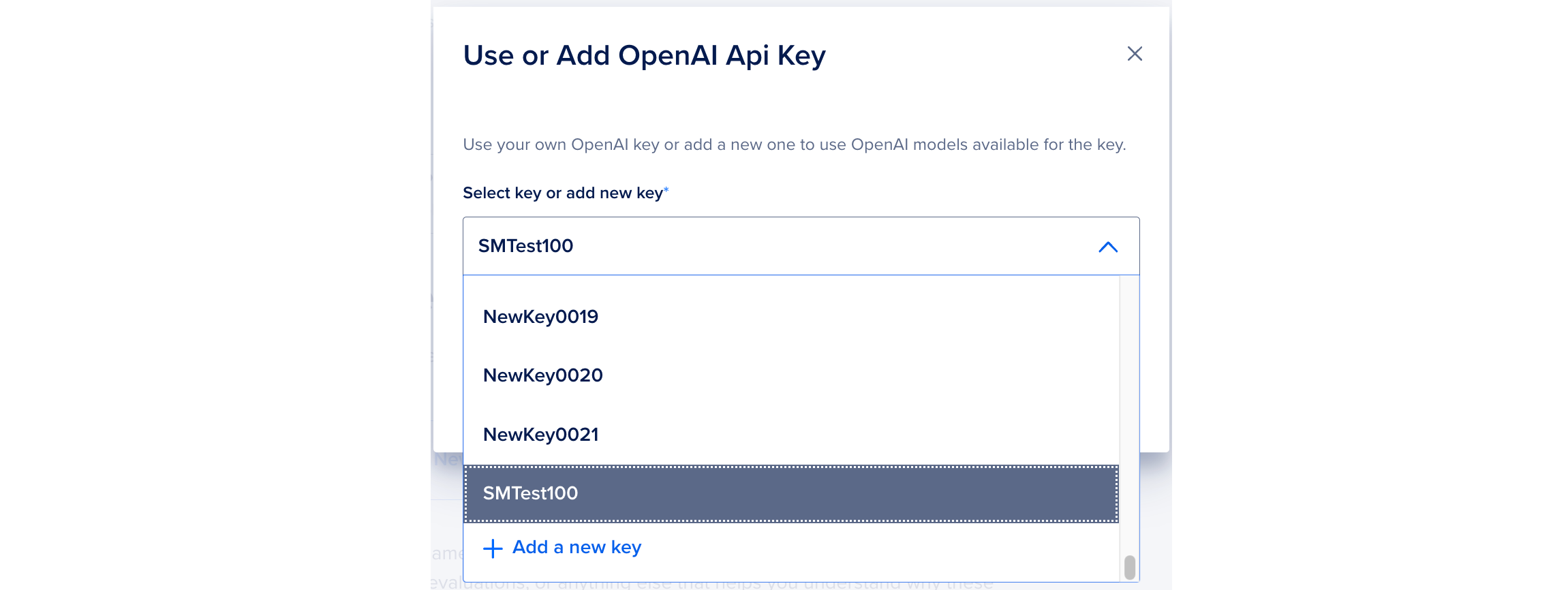Use or Add OpenAI API Key window showing a drop-down menu with multiple saved API keys and an option to add a new key.