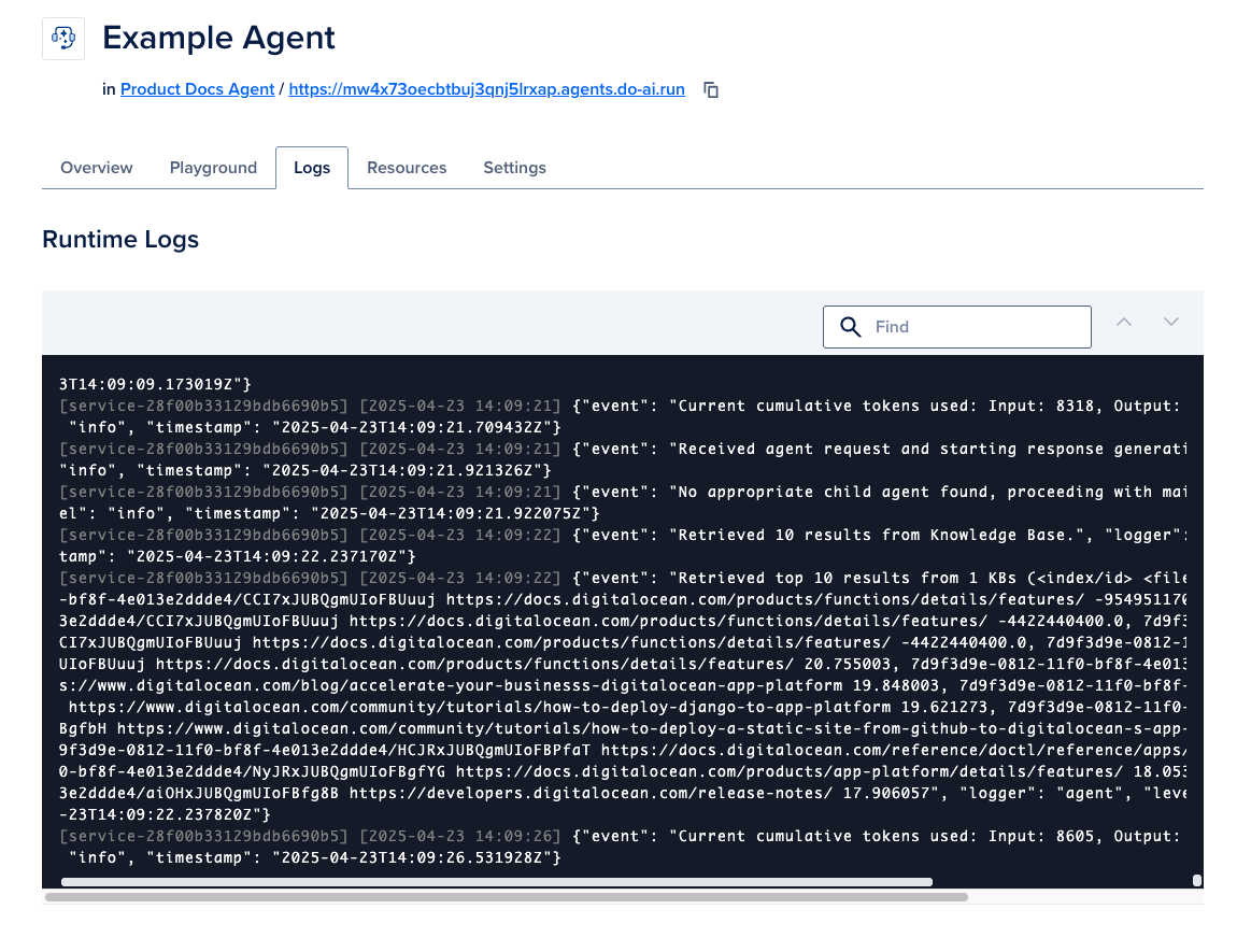 The Logs tab open in the control panel displaying several log events for an example agent.