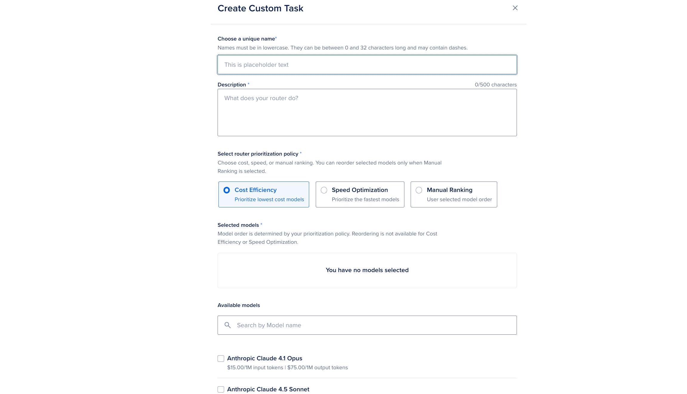 The Add Custom Task dialog showing task name, description, and model pool fields