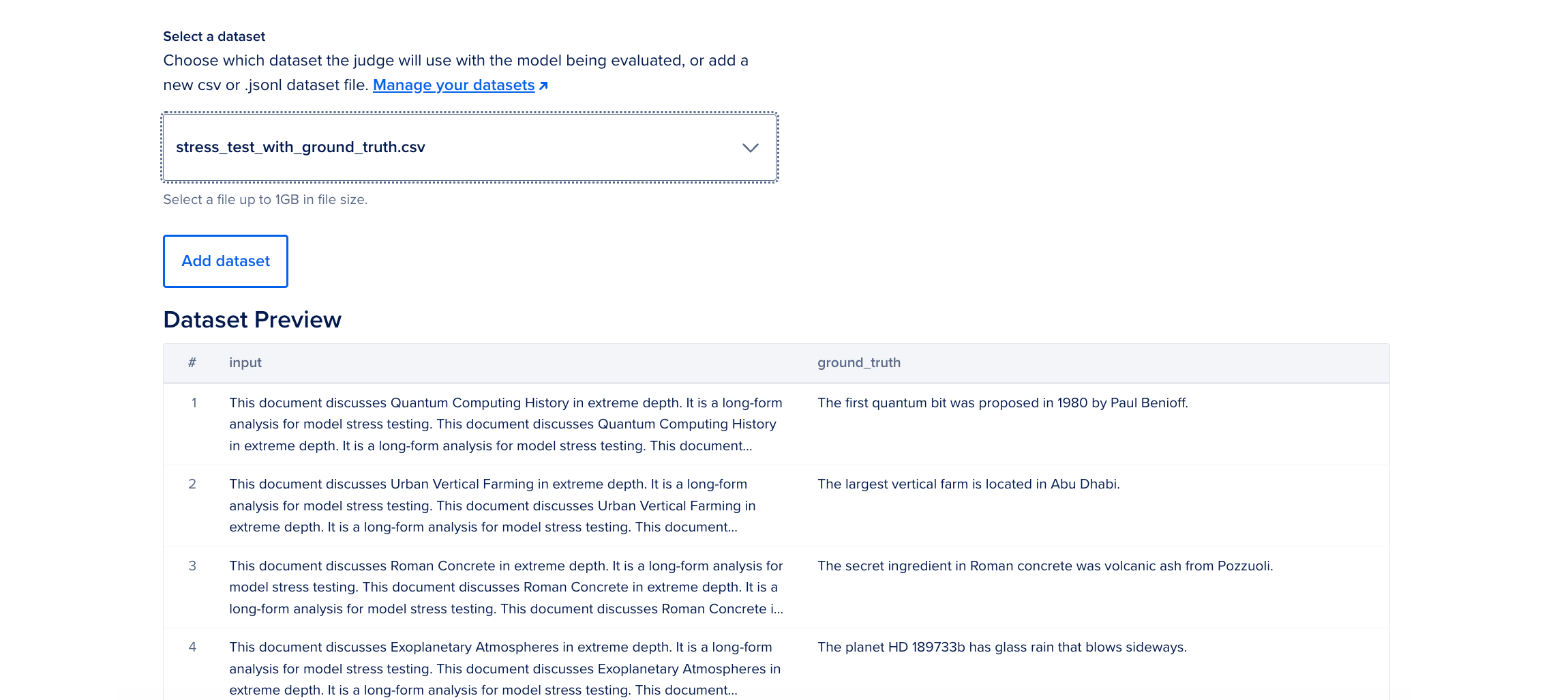 Selected model evaluation dataset showing preview of the data.