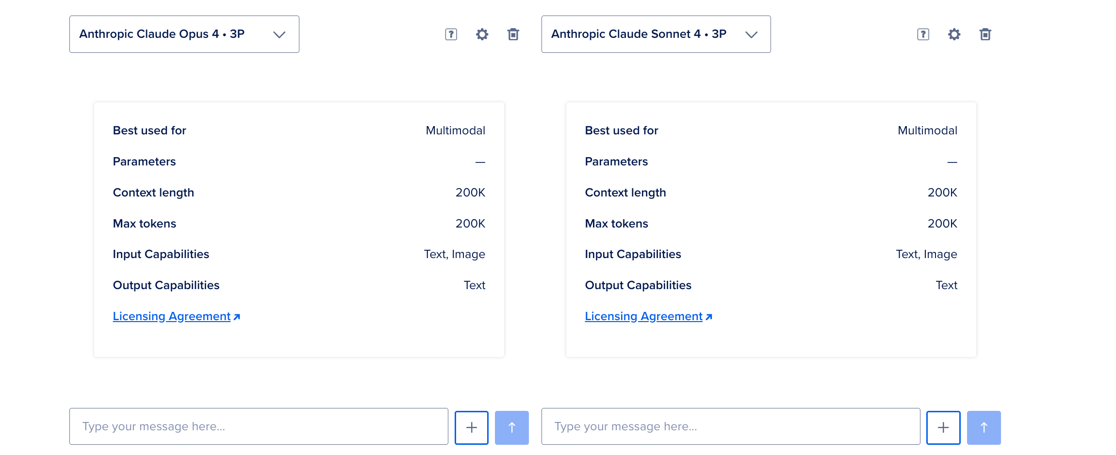 Model playground showing model comparison view with information in model card and text box to send a prompt and upload files.