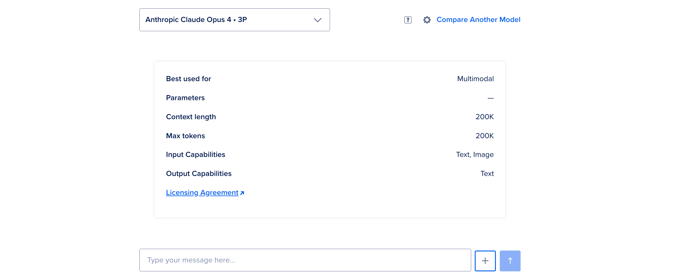 Model playground showing model dropdown with information in model card and text box to send a prompt and upload files.