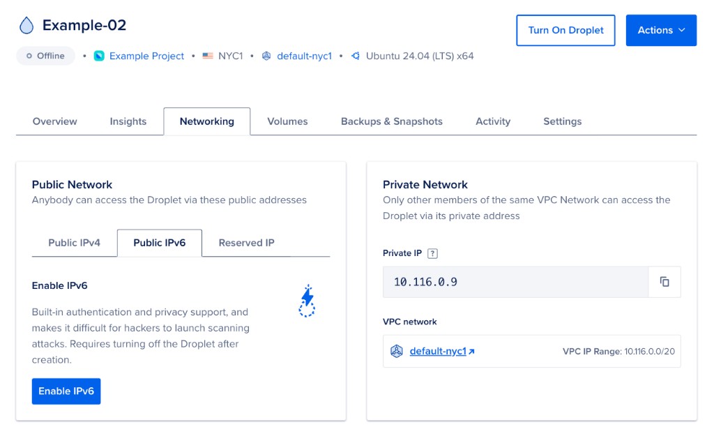 Droplet Networking tab with Public Network section showing Public IPv6 tab selected, Enable IPv6 option, and Private Network with VPC details.