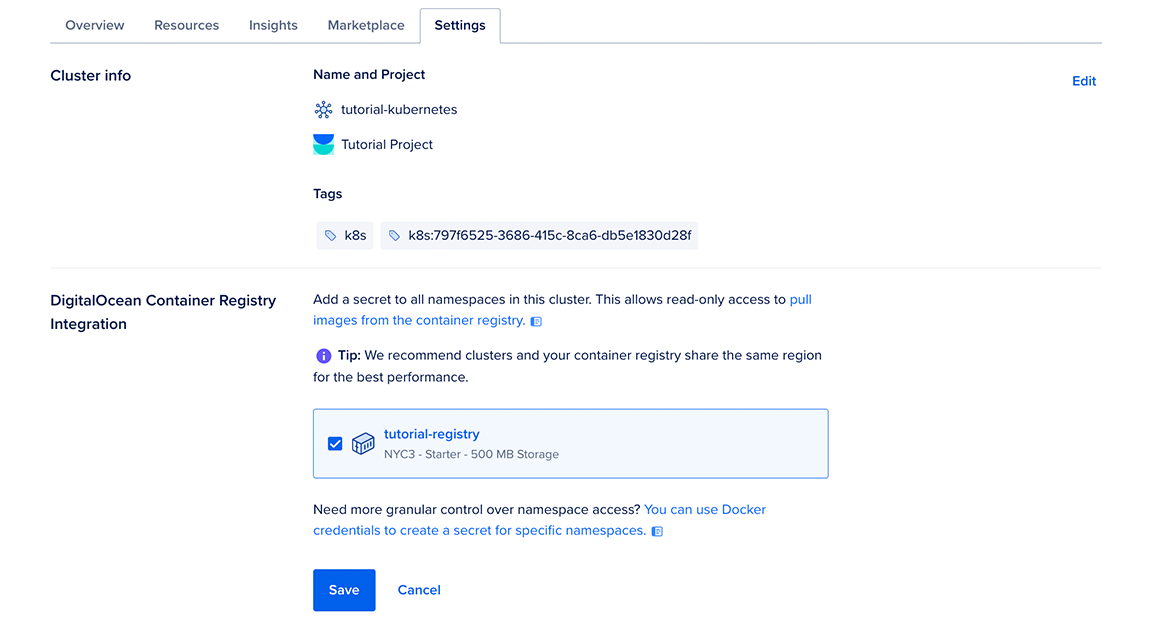 Settings tab in the control panel, the DigitalOcean Container Registry Integration section