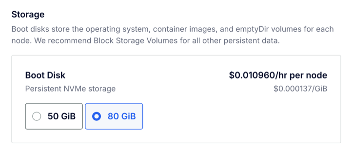 Storage section for a v5 node pool showing Boot Disk options of 50 and 80 GiB with per-node hourly pricing.