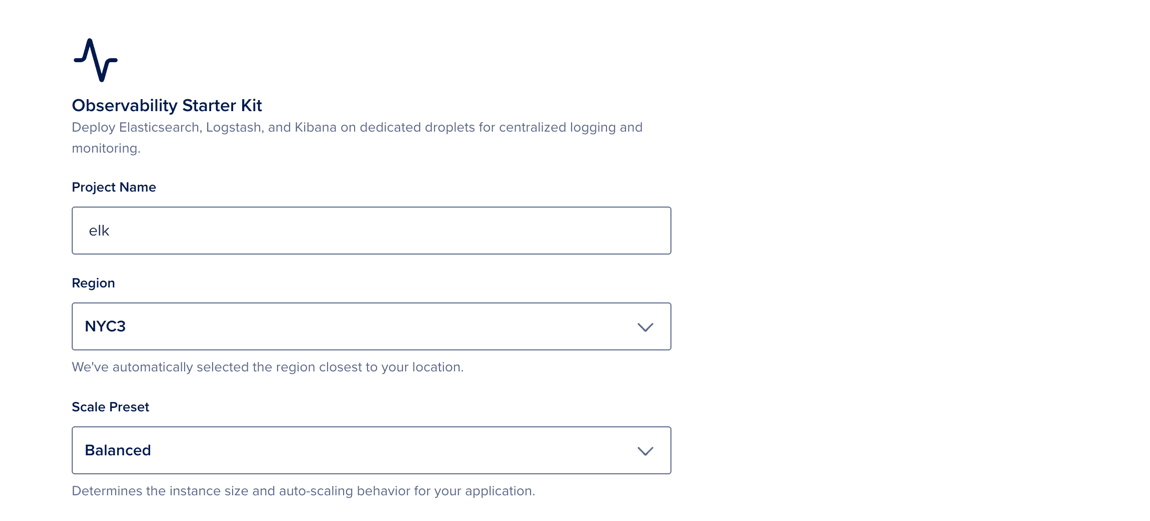 The Observability starter kit create page