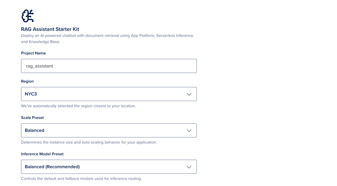 The RAG Assistant starter kit create page