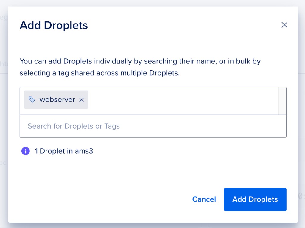 Add Droplets window showing a tag chip selected and a search field for Droplets or tags.