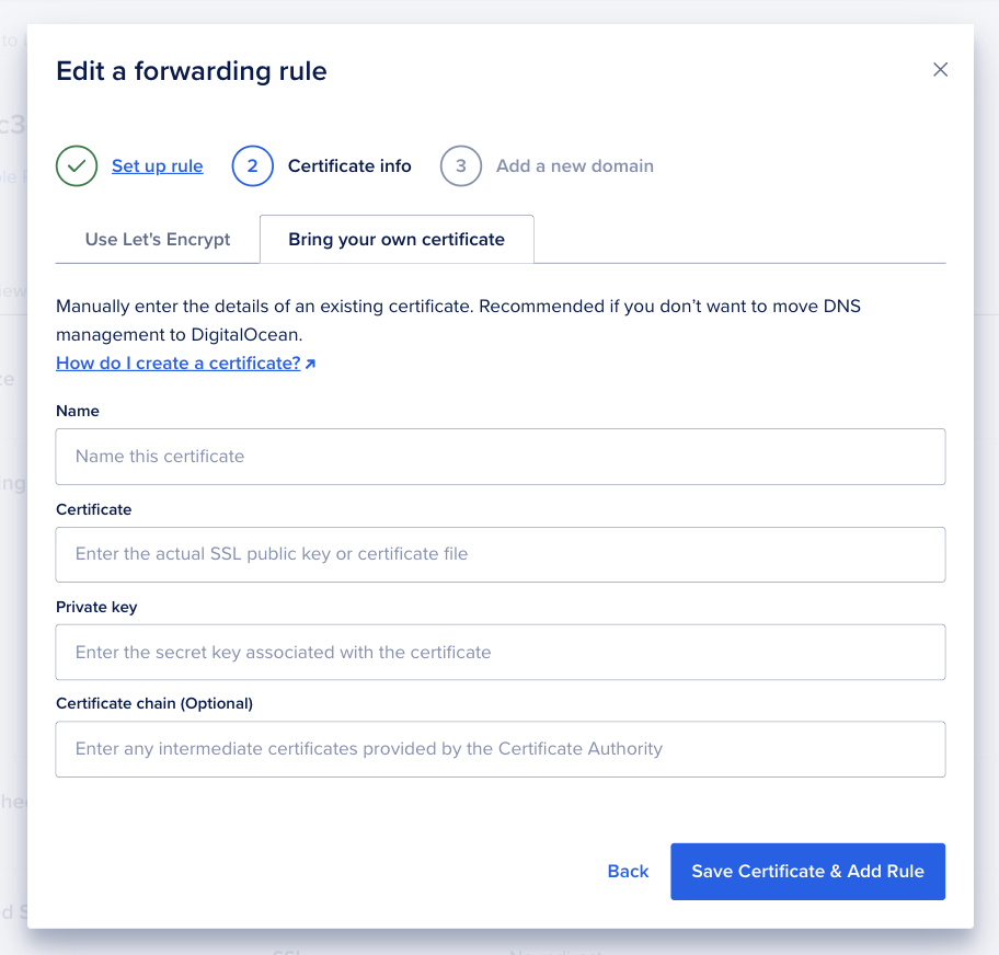 Certificate info step with the Bring your own certificate tab selected and fields for name, certificate, private key, and certificate chain.