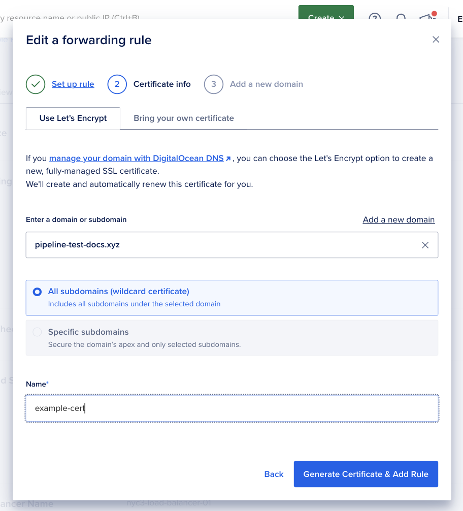 Certificate info step with the Use Let's Encrypt tab selected, an existing DigitalOcean domain entered, and the All subdomains option chosen.