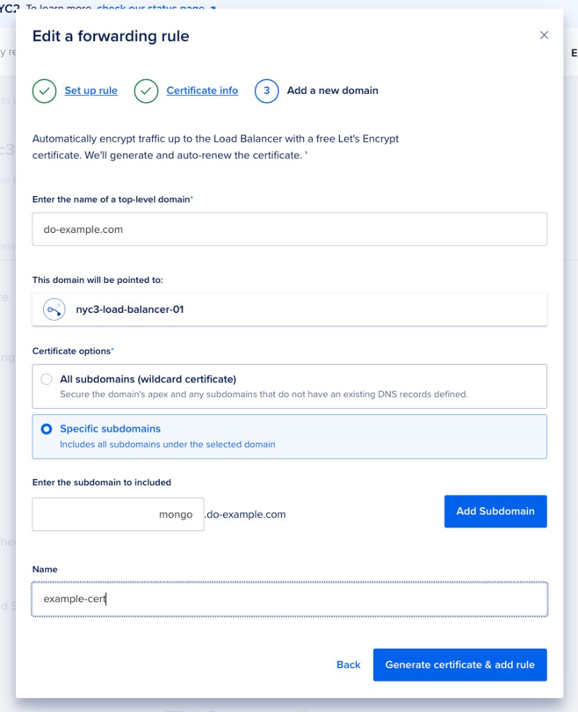 Add a new domain step with a top-level domain entered, the load balancer it points to, the Specific subdomains option, a subdomain entry, and a certificate name.