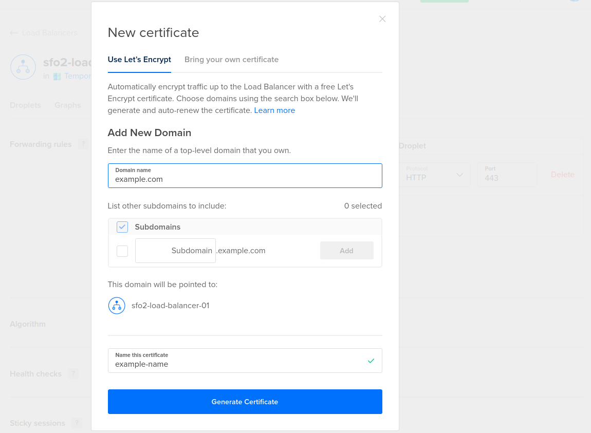 Creating a new Let's Encrypt SSL certificate while adding a new domain to DigitalOcean