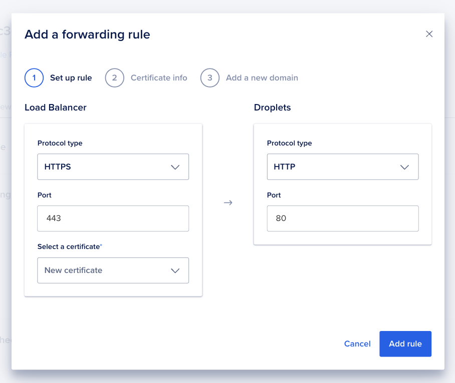 The Add a forwarding rule window with HTTPS port 443 forwarding to HTTP port 80, and Select a certificate set to New certificate.