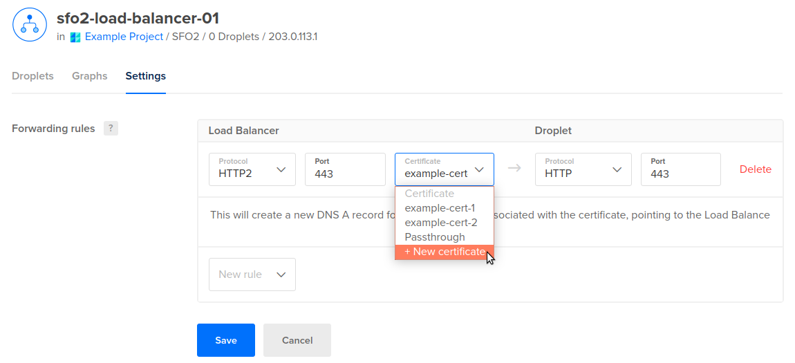 The Certificate drop-down menu with two uploaded SSL certificates and the New Certificate option highlighted