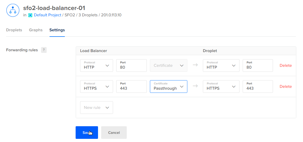 Load Balancer settings forwarding rules for HTTPS with Passthrough selected
