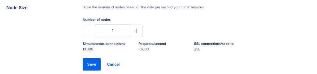 Node Size editor showing a Number of nodes stepper, simultaneous connections, requests per second, and SSL connections per second values.