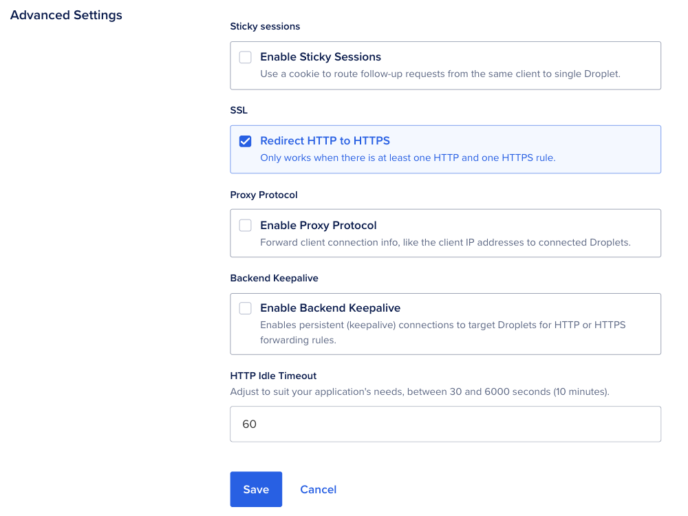 Advanced Settings editor with Redirect HTTP to HTTPS selected under SSL, alongside controls for sticky sessions, proxy protocol, backend keepalive, and HTTP idle timeout.