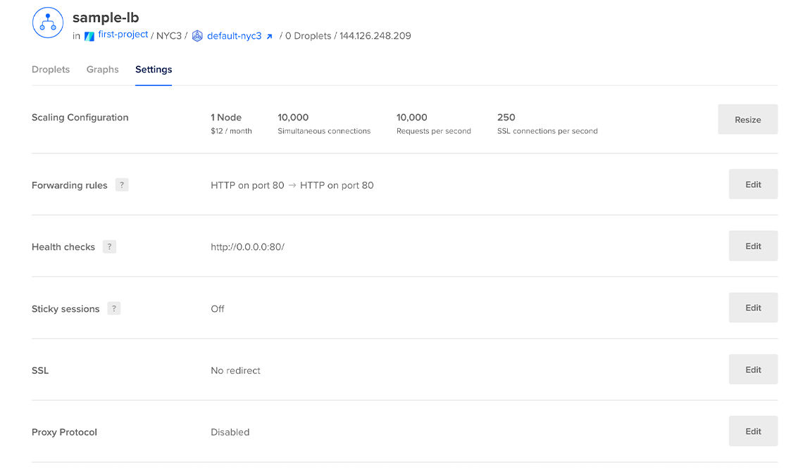 The load balancer settings screen