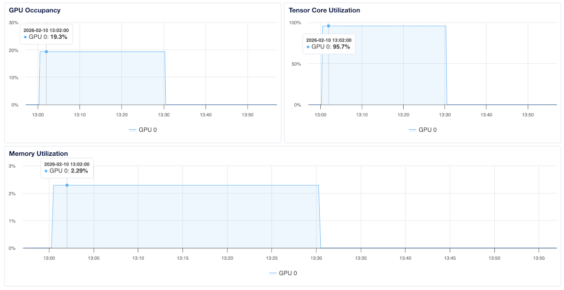 GPU performance graphs displaying GPU occupancy, tensor core utilization, and memory utilization.