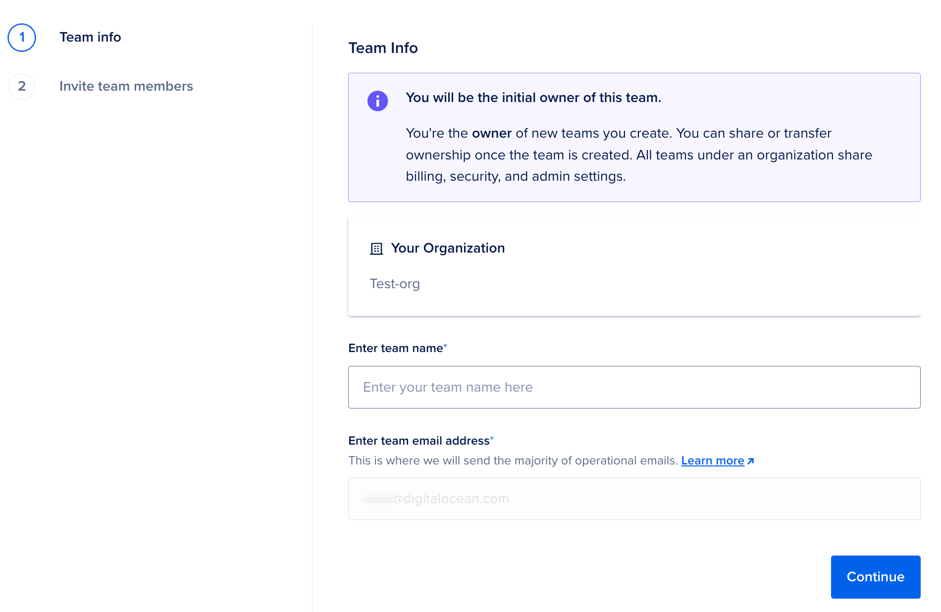 Create New team page
