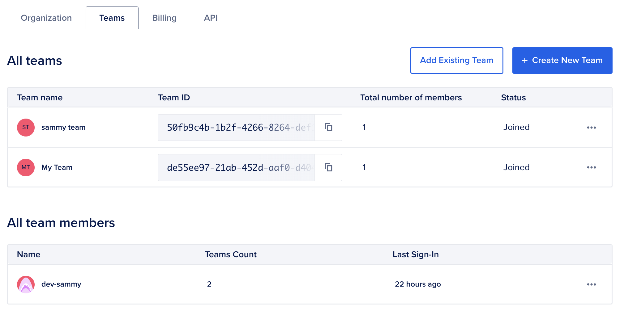 Teams page showing all teams in the organization with their team names, team IDs, member counts, and join status, along with a table listing all team members.