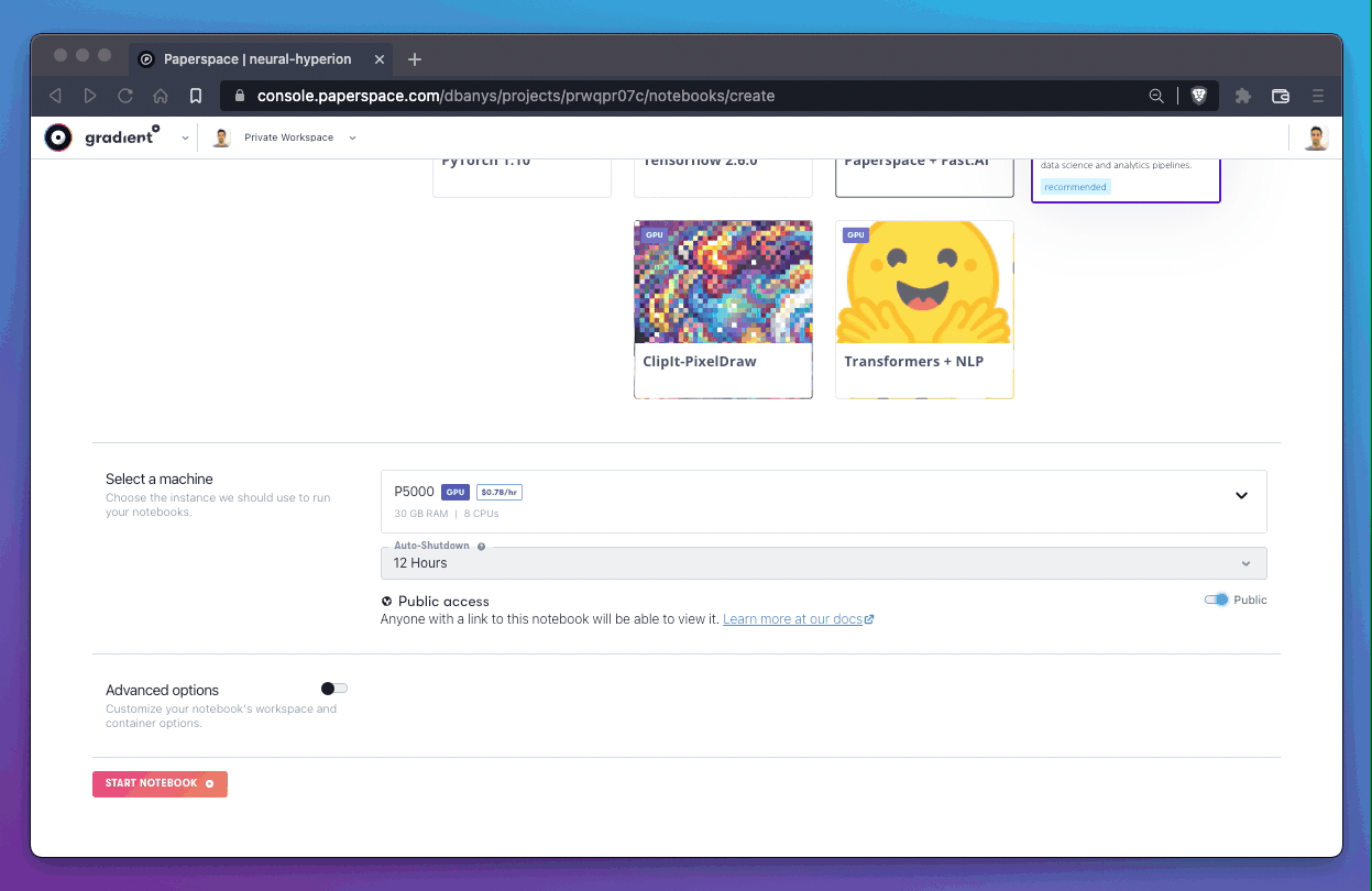 Select a machine section showing machine selection, GPU type, auto-shutdown timer, and public access toggle.