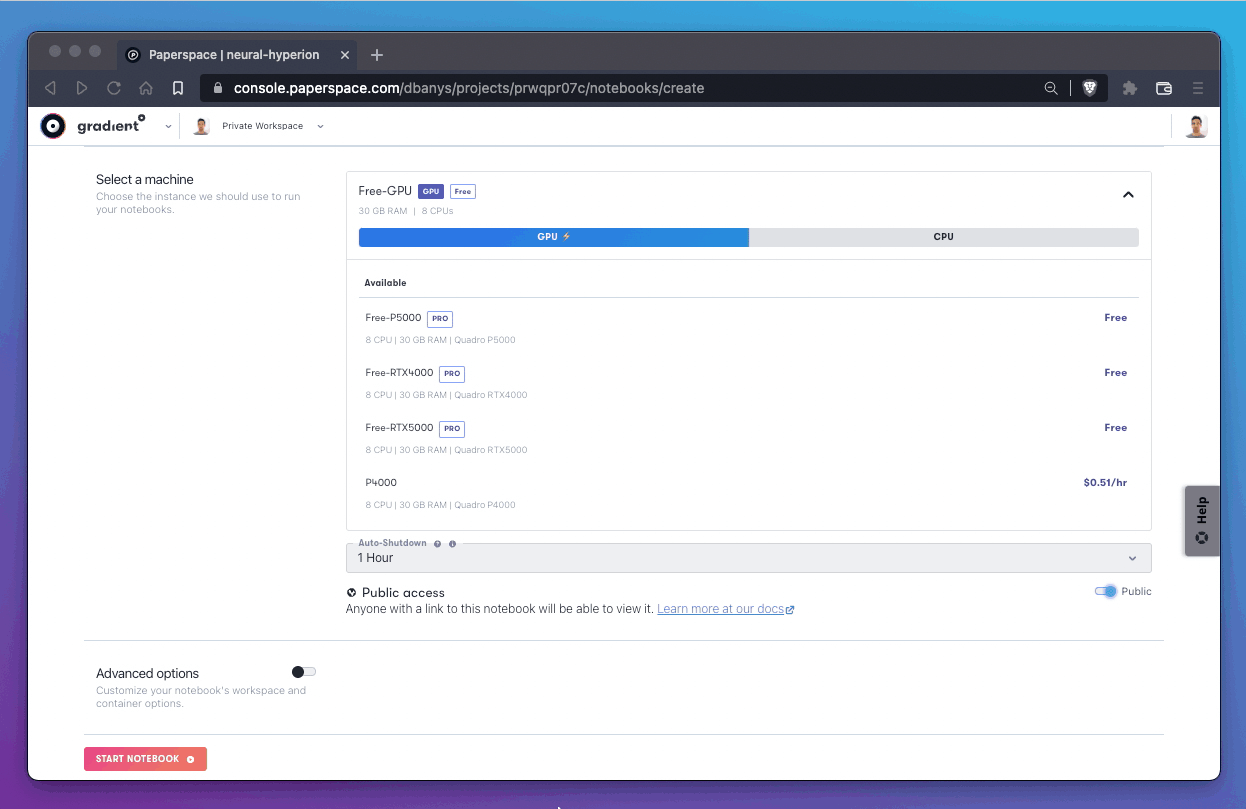 GPU selection drop-down menu showing available free and paid GPU machines with pricing and specs.