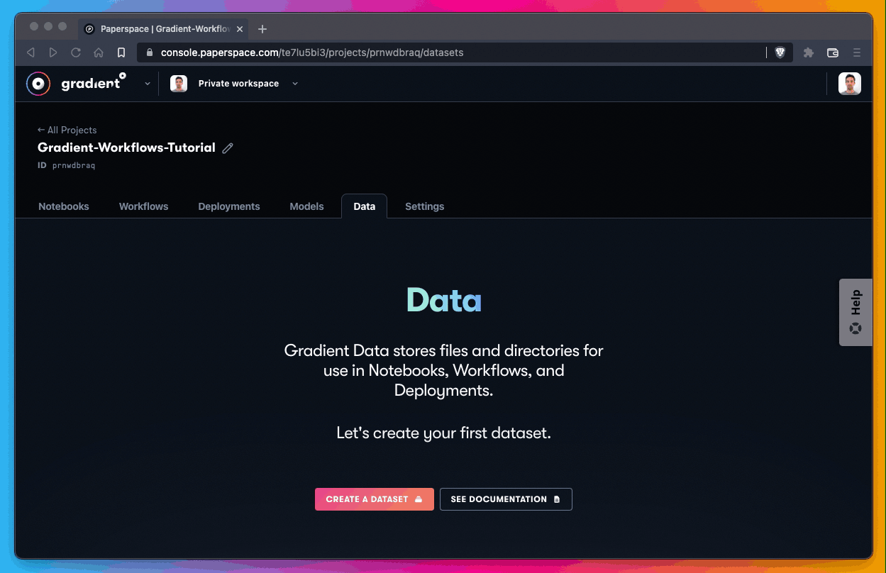 Gradient Data tab prompting the user to create their first dataset.