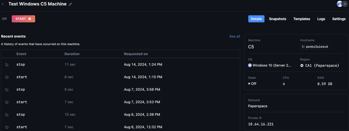 Machine overview page showing recent start and stop events, along with machine specifications, operating system, region, CPU, RAM, and network information.