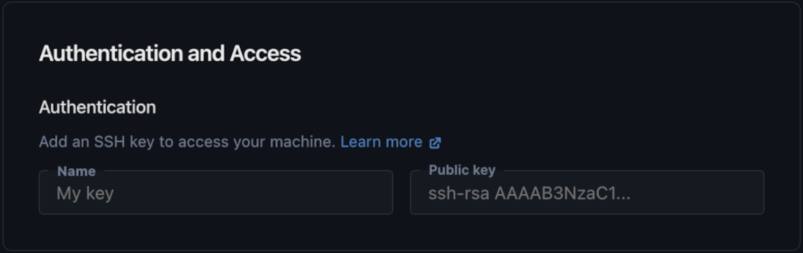 The Authentication and Access section of the machine creation page with SSH setup.