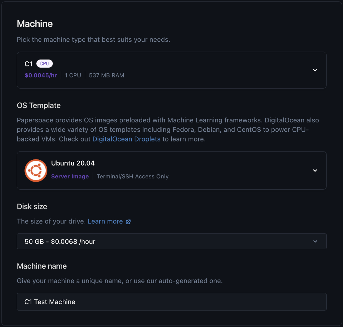 The Machine section of the machine creation page.