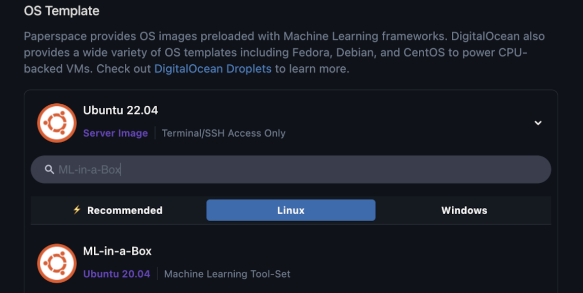 The OS Template sub-section of the Machines section of the machine creation page with ML-in-the-Box searched.