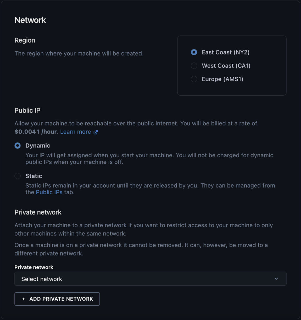 The Network section of the machine creation page.