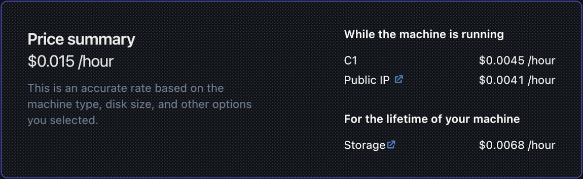 The Price Summary section of the machine creation page.