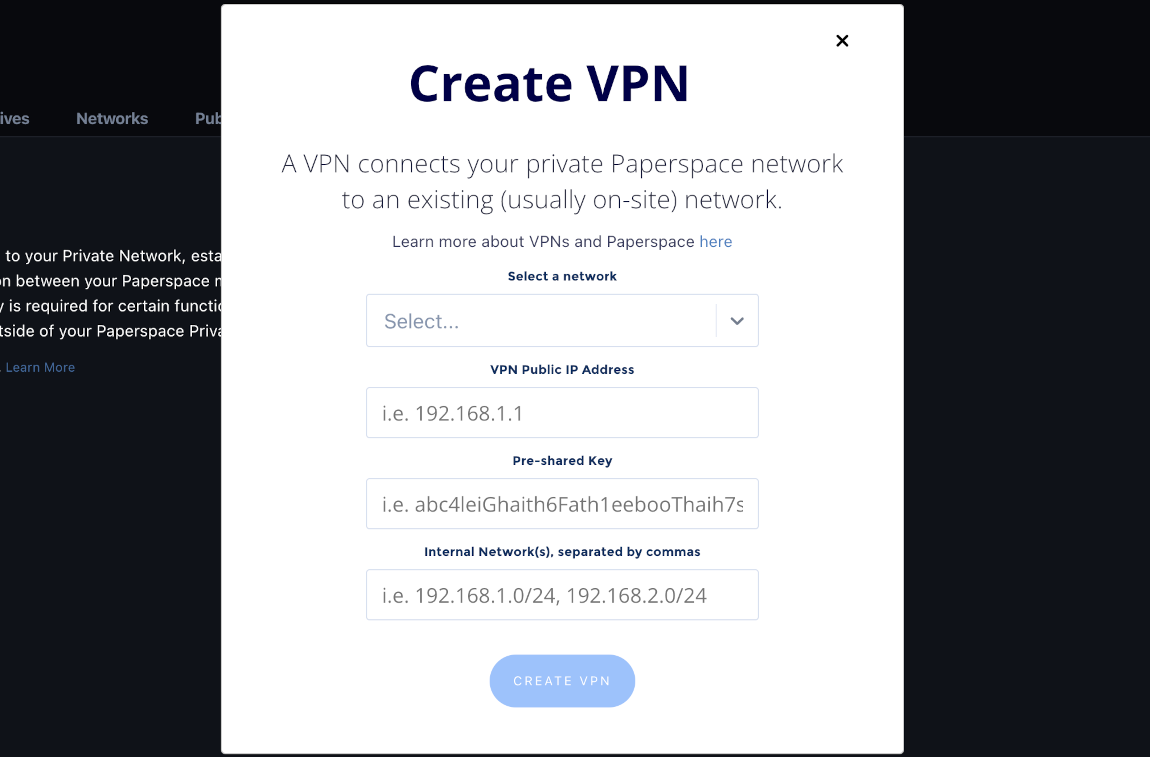 The Create VPN request form of the Core dashboard's VPN page.