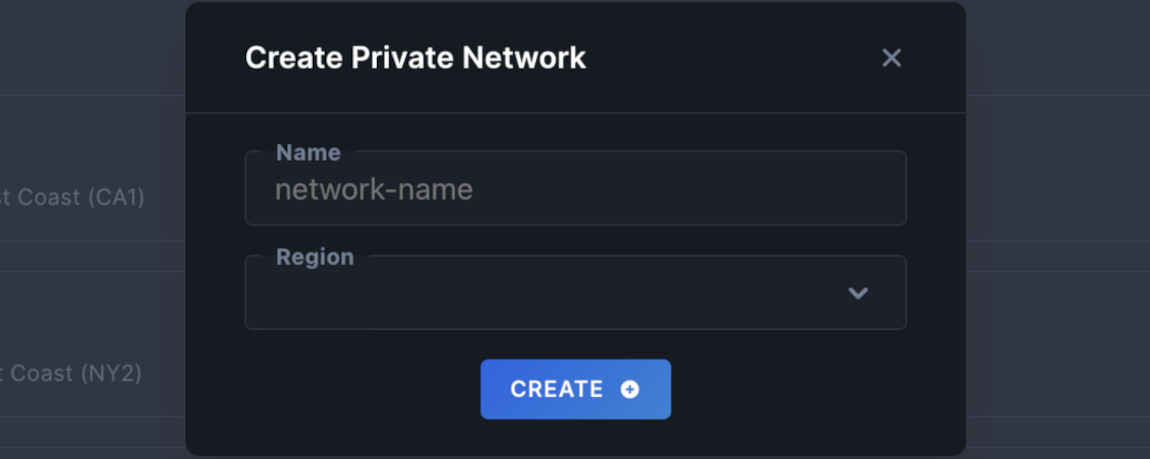 The Create Private Network window of the Core dashboard's Networks page.