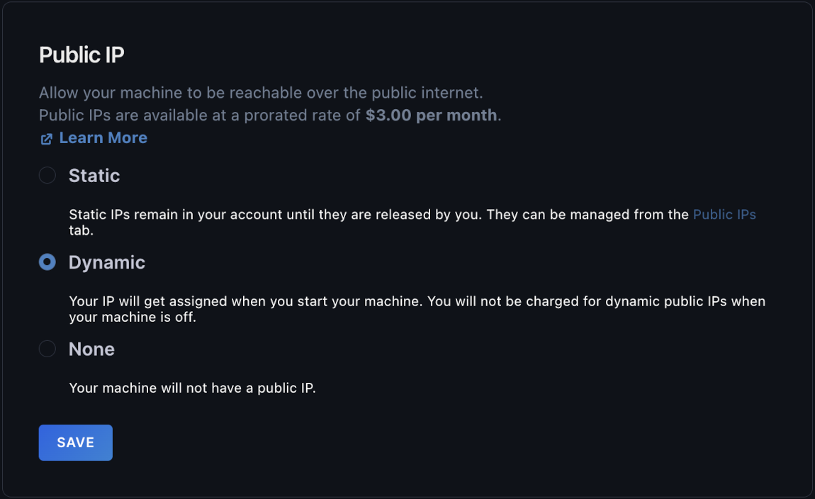 The IP address section of the machine's Settings page with Dynamic selected.