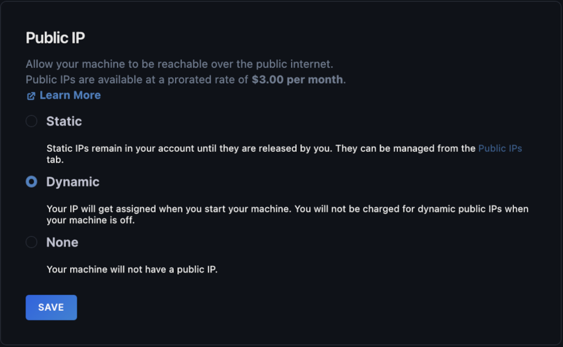 The IP address section of the machine's Settings page.